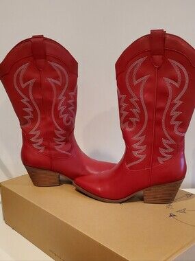 Red Western Cowboy Boots for Women - Stylish Mid Heel